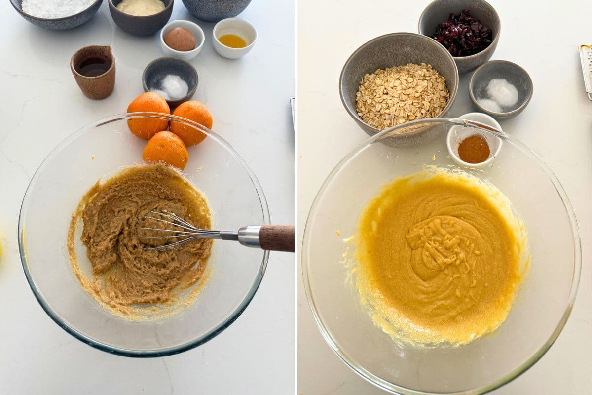 Two photos to show mixing the wet ingredients together to make orange cranberry sourdough oatmeal cookies.