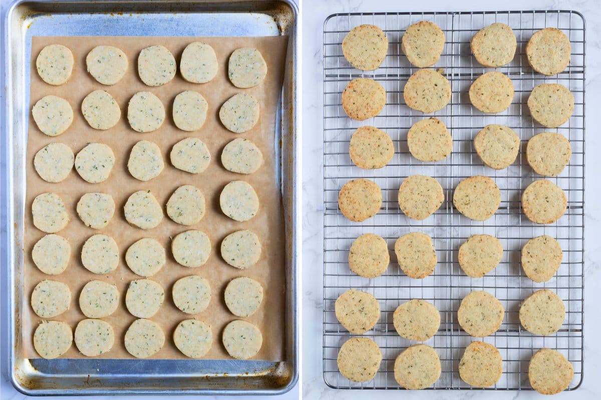 Two photos to show adding the sliced dough to a baking sheet and cooling the sourdough discard rosemary and parmesan shortbread on a wire rack.
