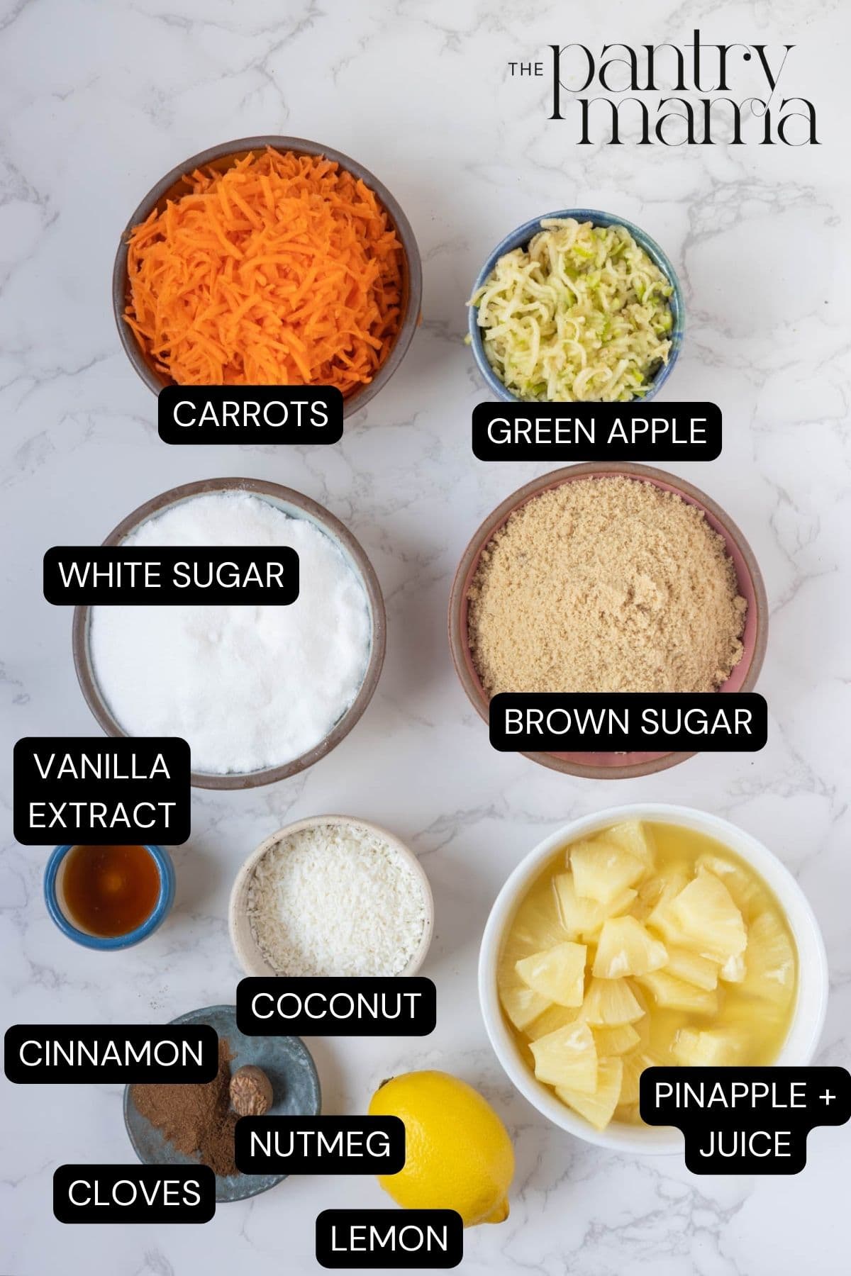 Labeled ingredients on counter for carrot cake jam.