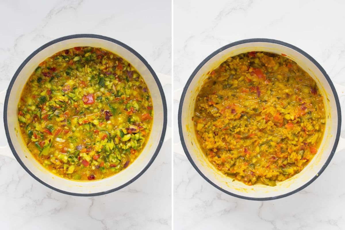 Two photos of chopped vegetables and seasonings cooking to make mustard relish.