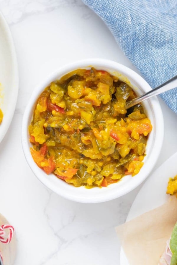 Close up of Mustard relish in a bowl being served with lunch.