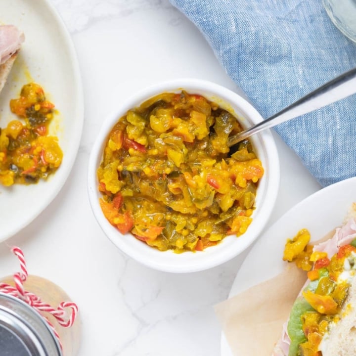 Close up of Mustard relish in a bowl being served with lunch.