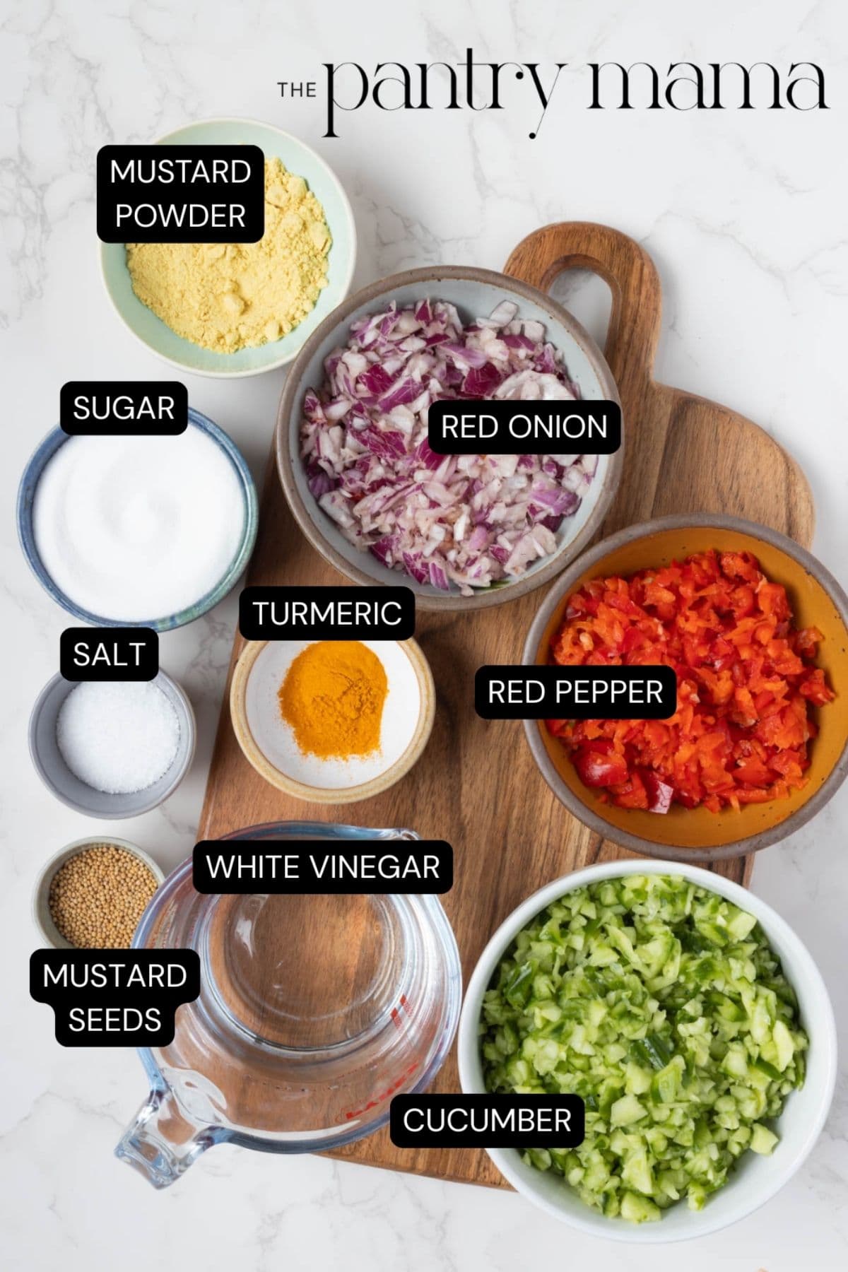 Labeled ingredients on the counter to make mustard relish.
