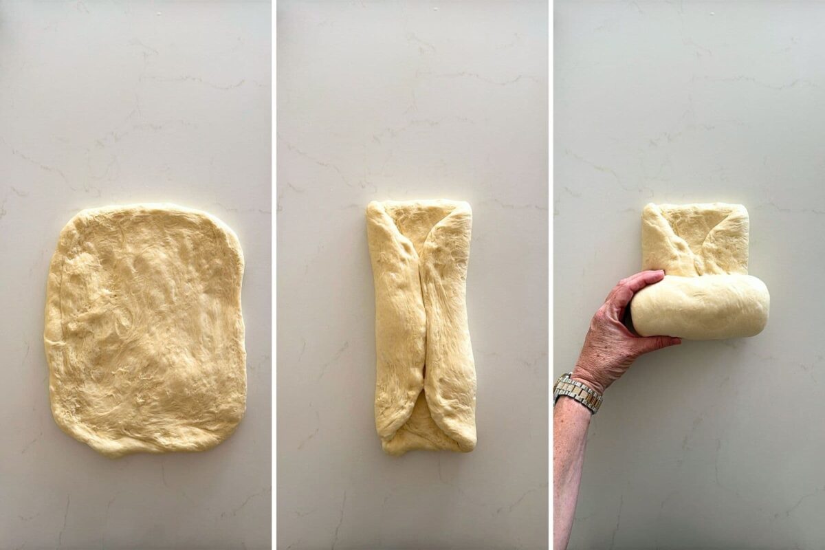 A series of 3 images showing how to shape a sourdough discard sandwich loaf.