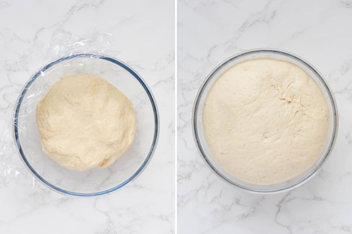 Two photos to show the dough before and after the first rise to make sourdough discard iced buns.