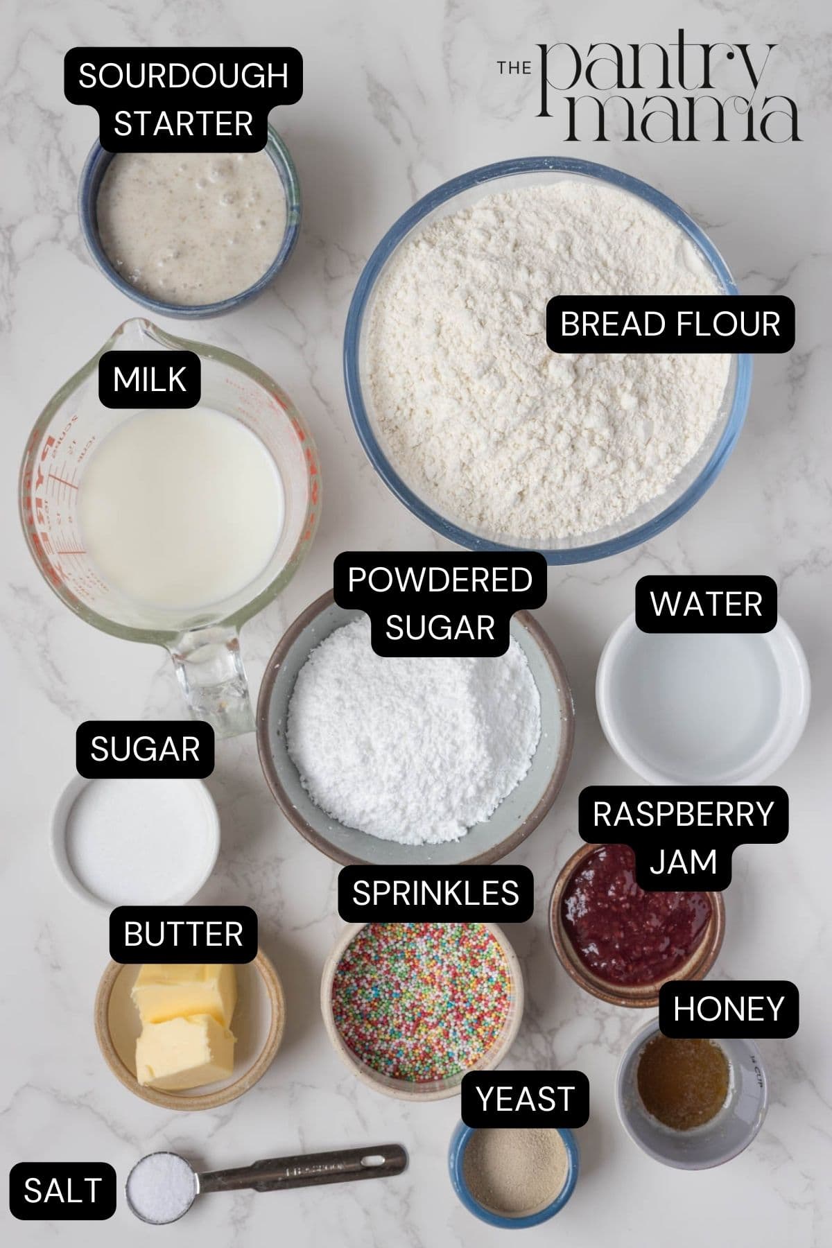 Labeled ingredients on the counter to make sourdough discard iced buns.