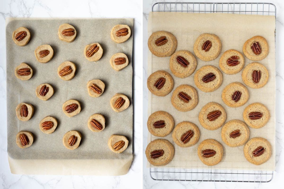 Two photos to show sourdough discard pecan sandies as dough on a baking sheet and freshly baked, cooling on a wire rack.