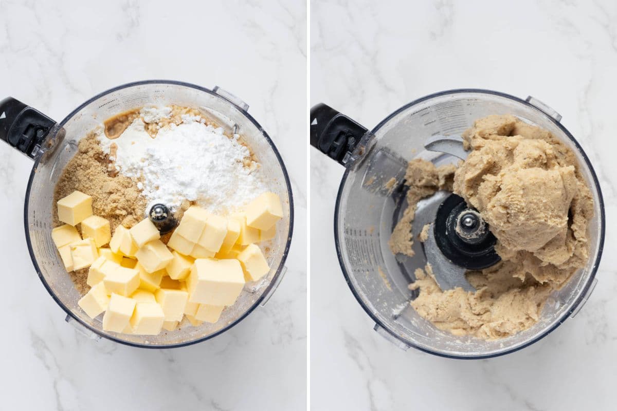 Two photos to show adding ingredients to food processor and the mixed dough in the food processor to make sourdough discard pecan sandies.