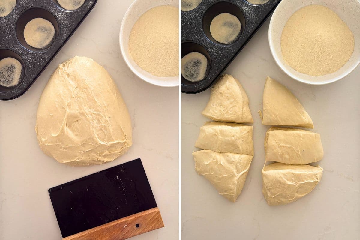 Two photos to show how to divide the dough for sourdough mini boules using a bench scraper.