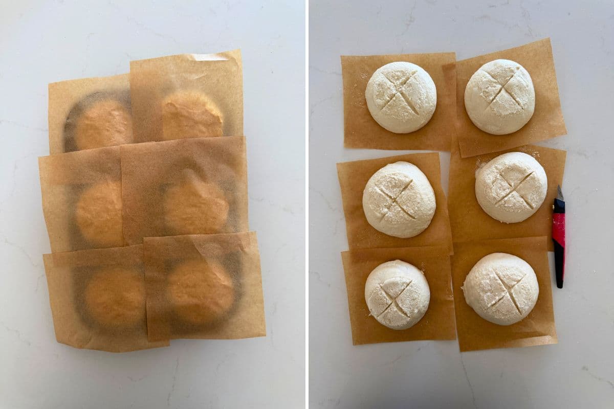 Two photos to show how to get sourdough mini boule dough out of the muffin tin after cold ferment and how to score the dough.