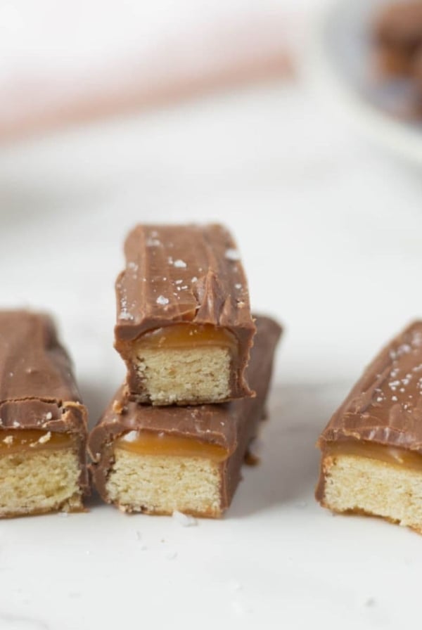 Close up of sourdough twix cookies broken open to show texture.