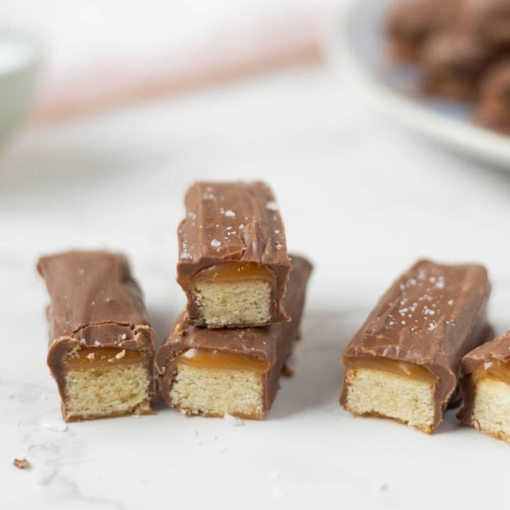 Close up of sourdough twix cookies broken open to show texture.