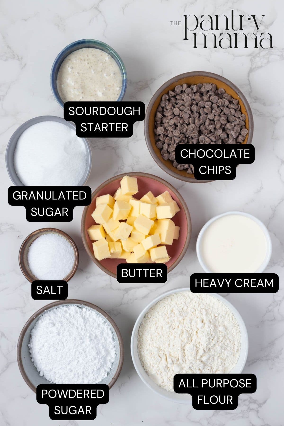 Labeled ingredients on the counter to make sourdough twix cookies.