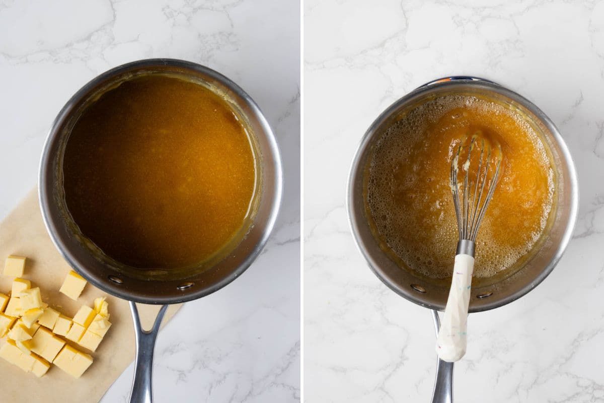 Two photos to show making caramel sauce in a saucepan for sourdough twix cookies.