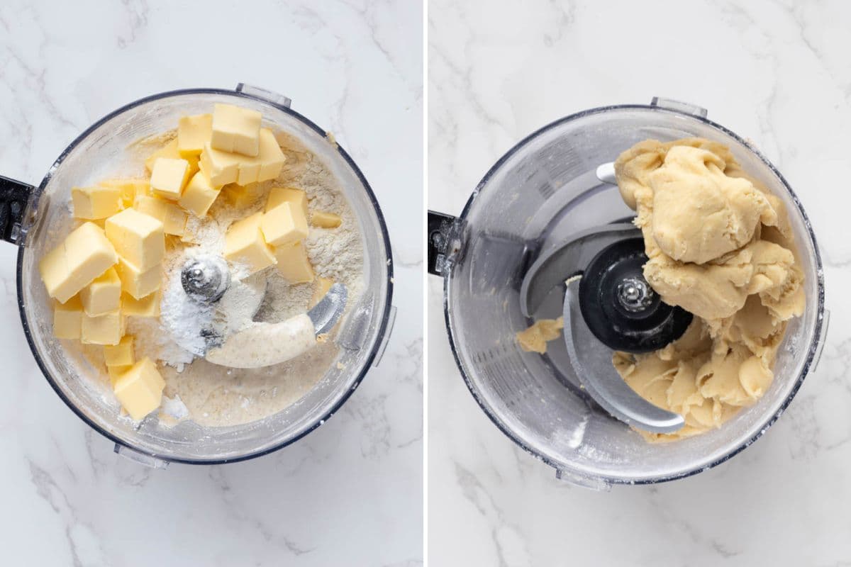 Two photos to show mixing dough in food processor to make sourdough twix cookies.