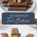 Two photos with text overlay of sourdough twix cookies for a Pinterest Pin.