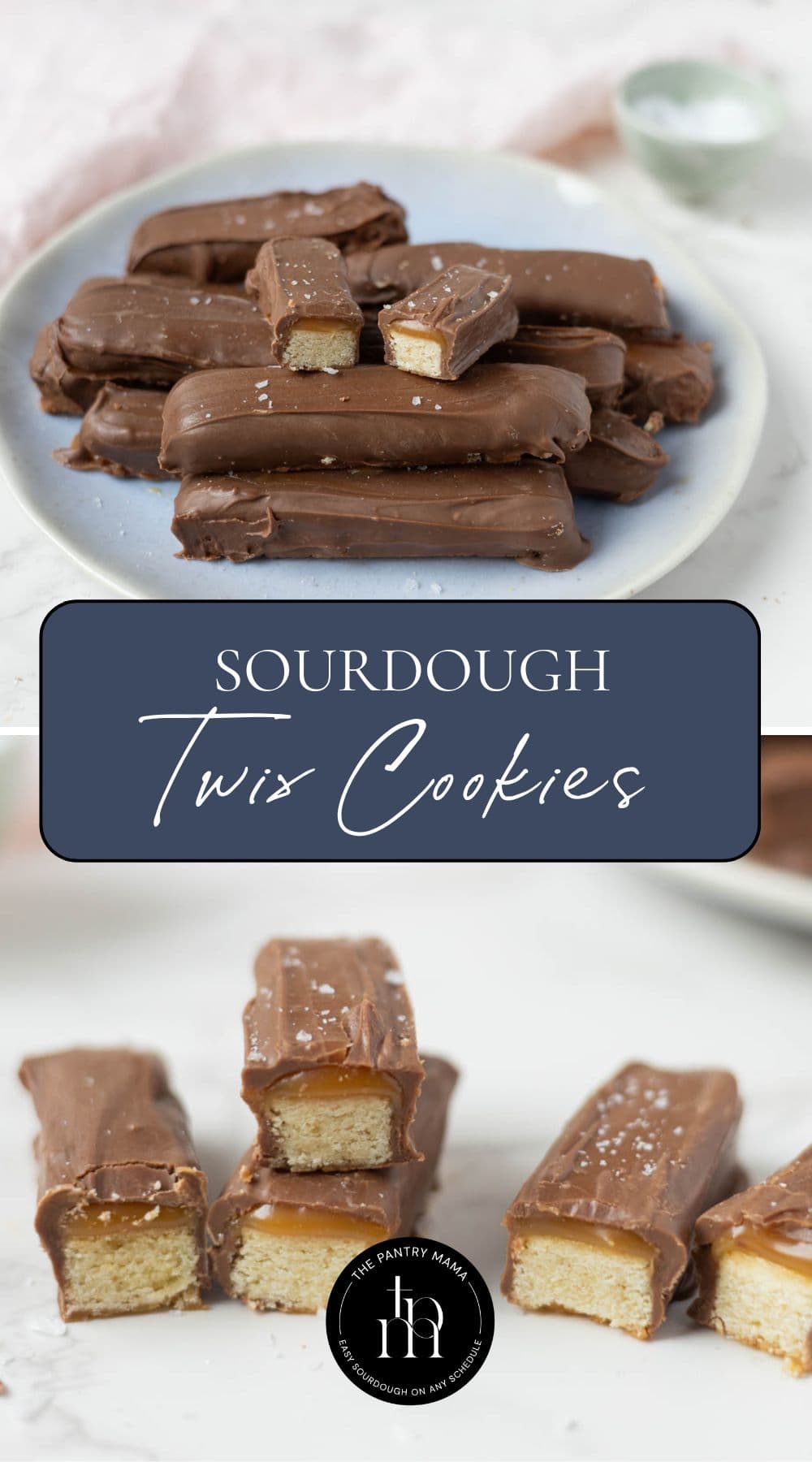 Two photos with text overlay of sourdough twix cookies for a Pinterest Pin.