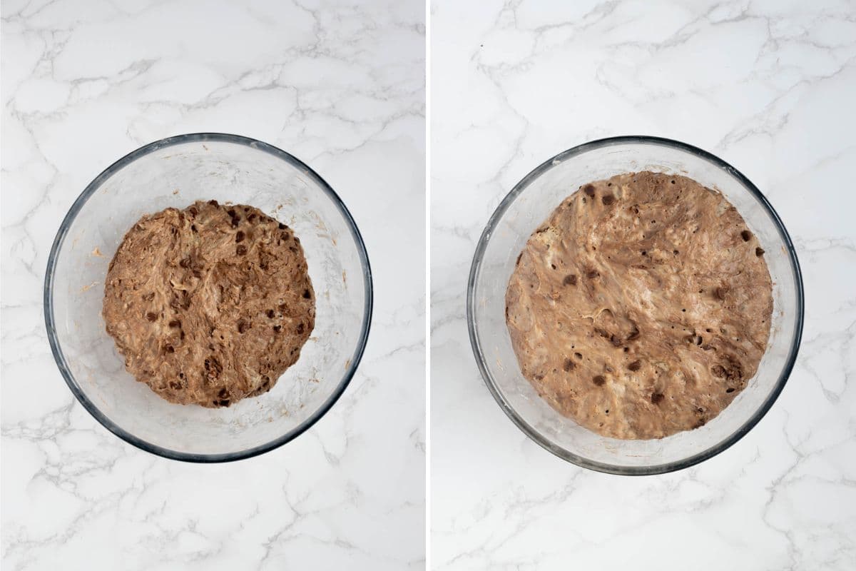Two photos to show the dough before and after the rise to make chocolate sourdough discard bread.
