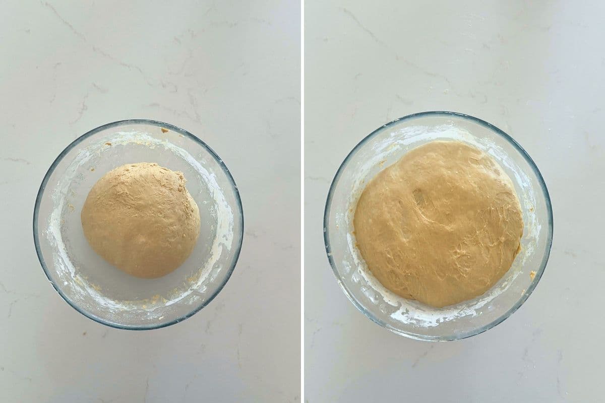 Two photos to show before and after rise of cold brew sourdough bread dough.