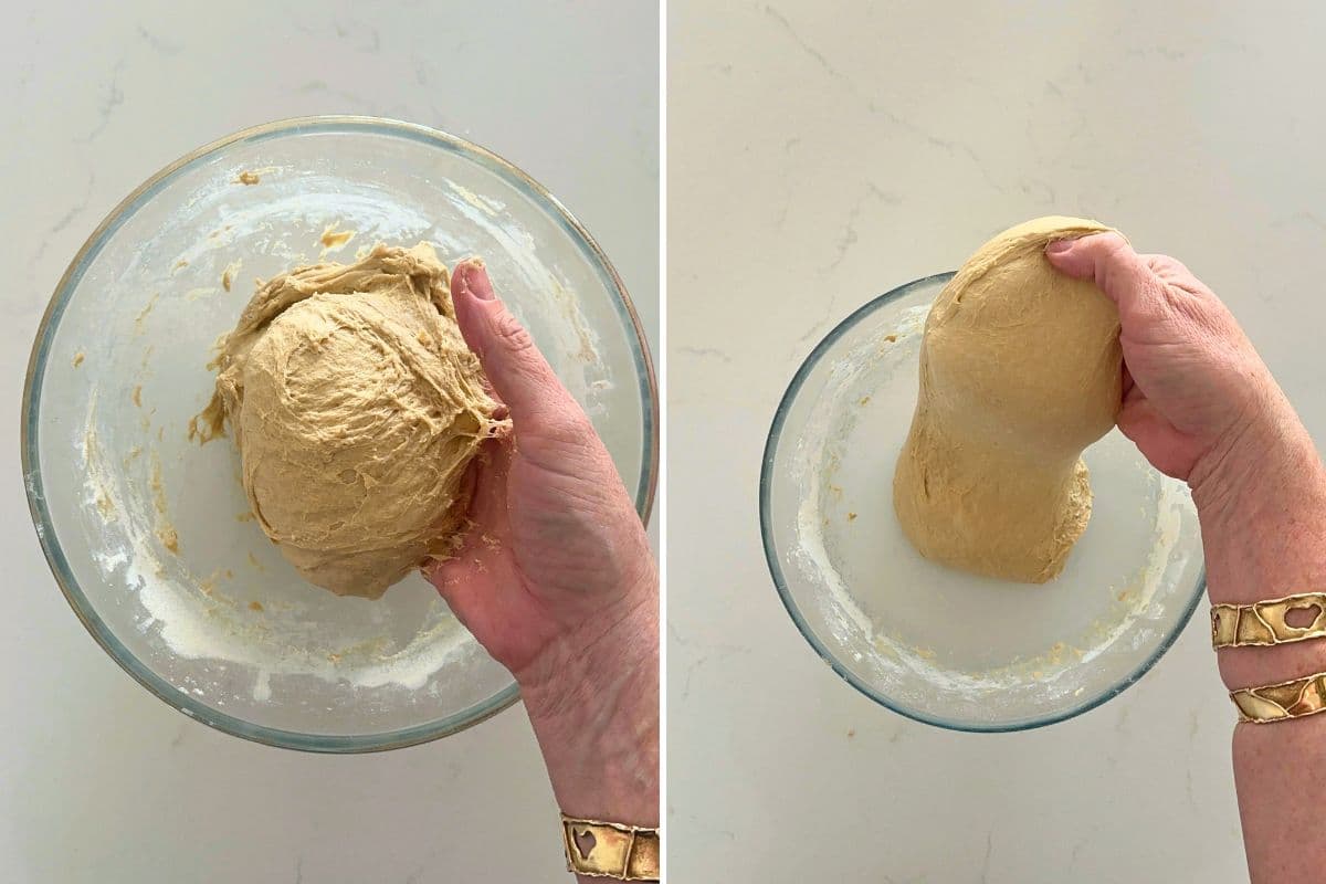 Two photos to show how to grab and pull the cold brew sourdough bread dough to form the dough.