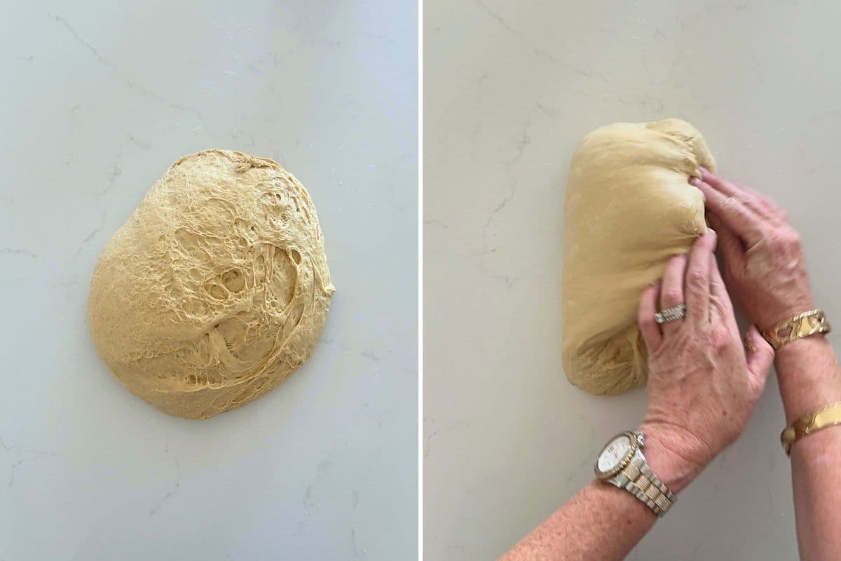 Two photos to show the start of performing stretch and folds to make cold brew sourdough bread.