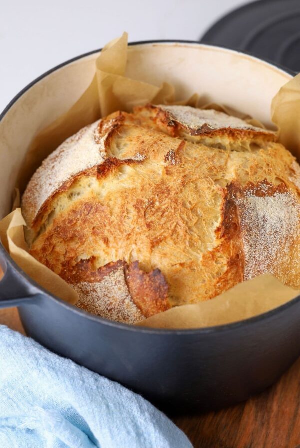 A crusty loaf of sourdough discard bread that has been baked in a Dutch Oven.