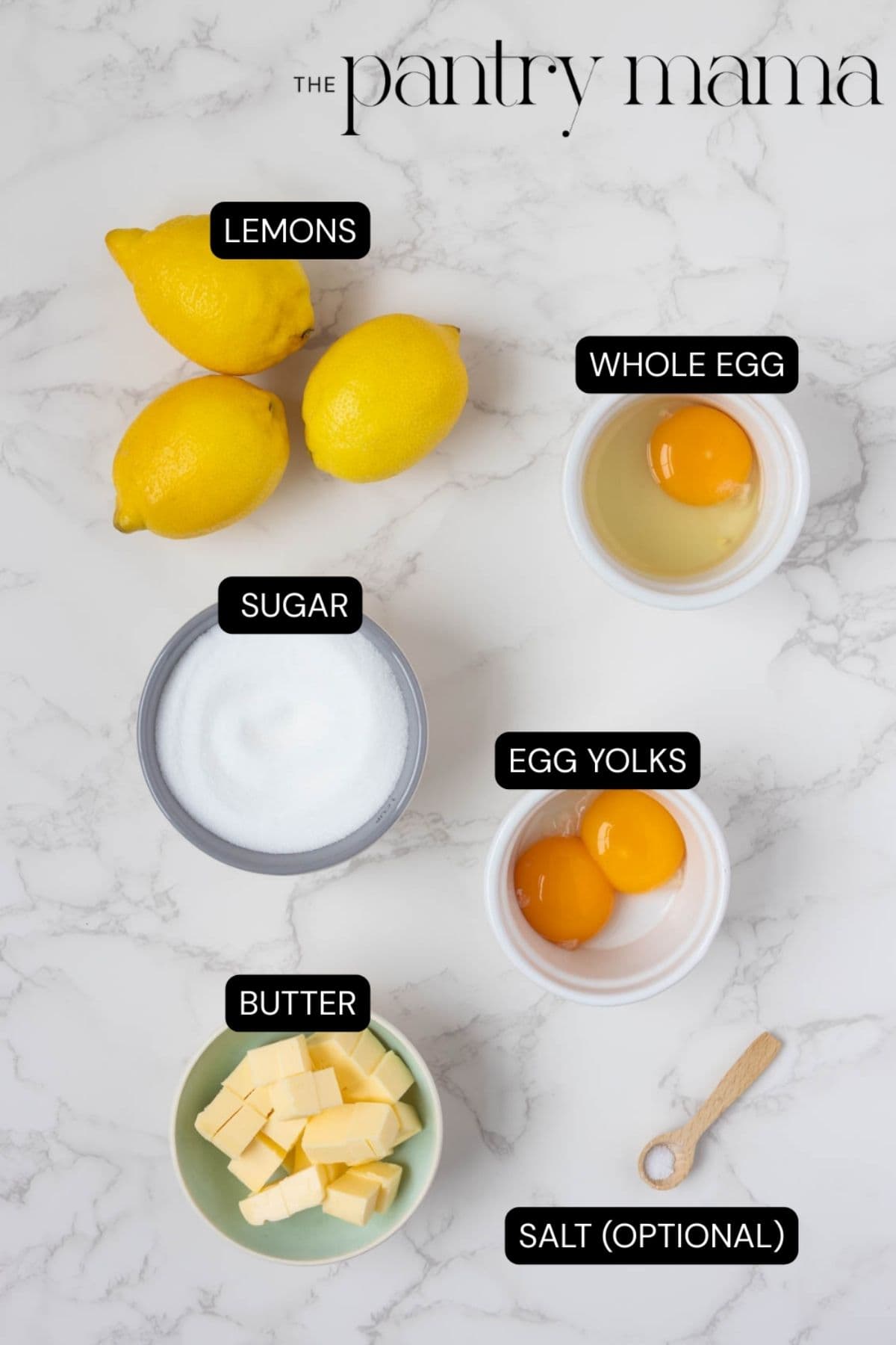 Labeled ingredients on the counter to make lemon curd.
