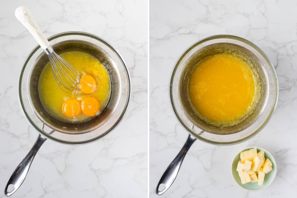 Two photos to show mixing lemon curd ingredients over a heatproof bowl over a saucepan.