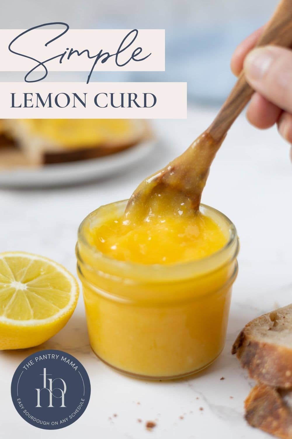 Scooping out lemon curd from a jar with text overlay for a Pinterest Pin image.