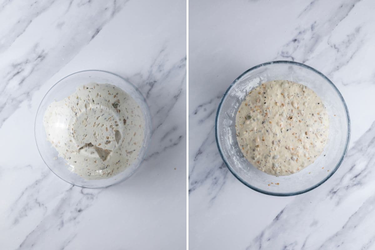 Two photos to show the dough for multigrain sourdough bread after bulk ferment phase.
