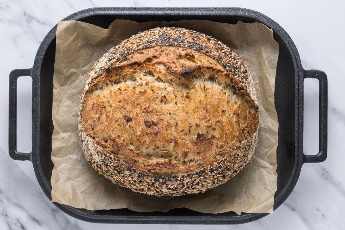 A fresh baked loaf of multigrain sourdough bread in a parchment lined bread pan.