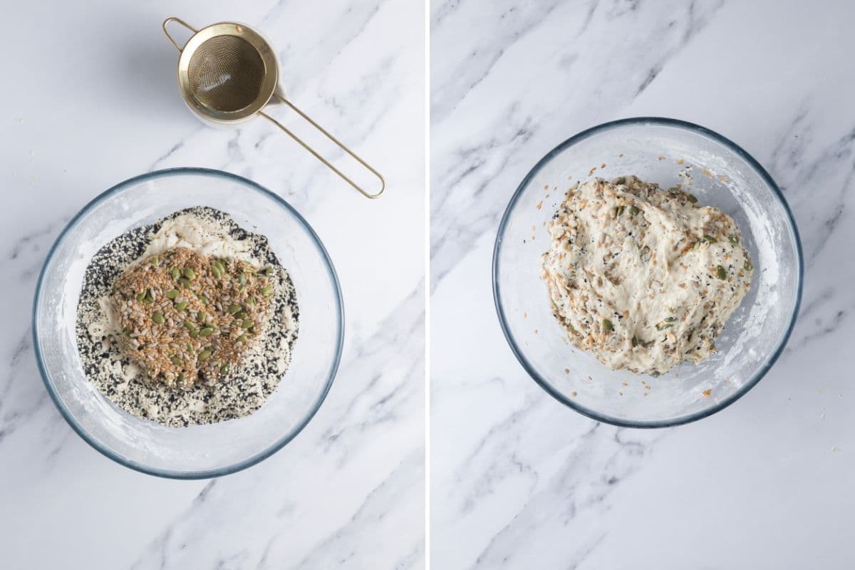 Mixing seed mixture into dough to make multigrain sourdough bread.