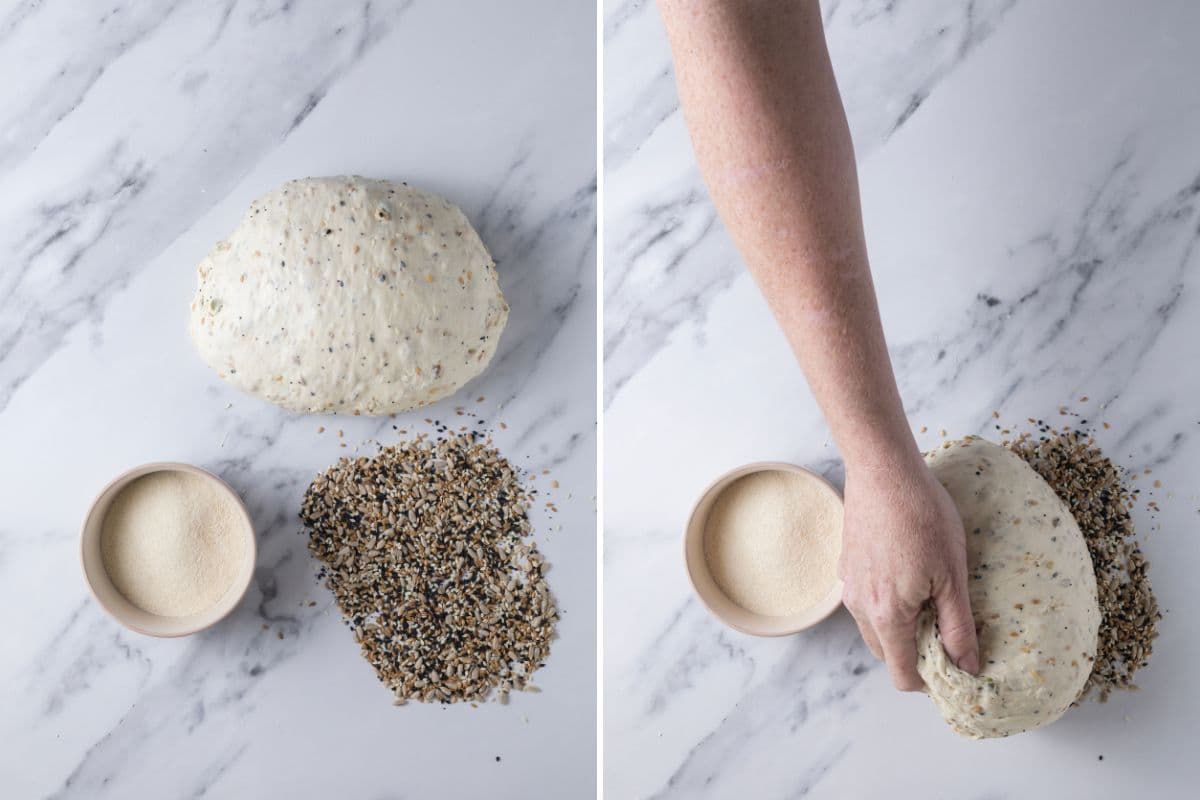 Two photos to show rolling dough in seed mix before placing in banneton to make multigrain sourdough bread.