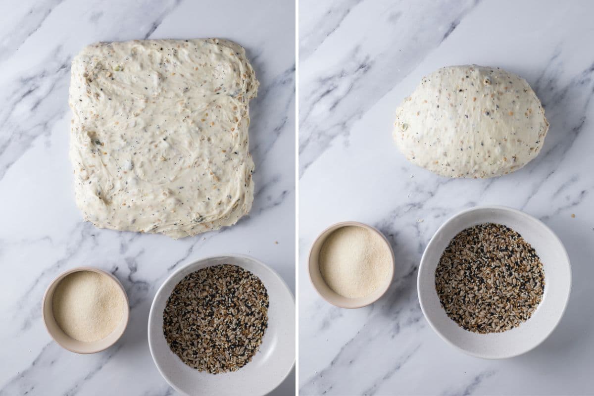 Two photos to show how to shape the dough to make a loaf of multigrain sourdough bread by stretching dough on counter and folding over.