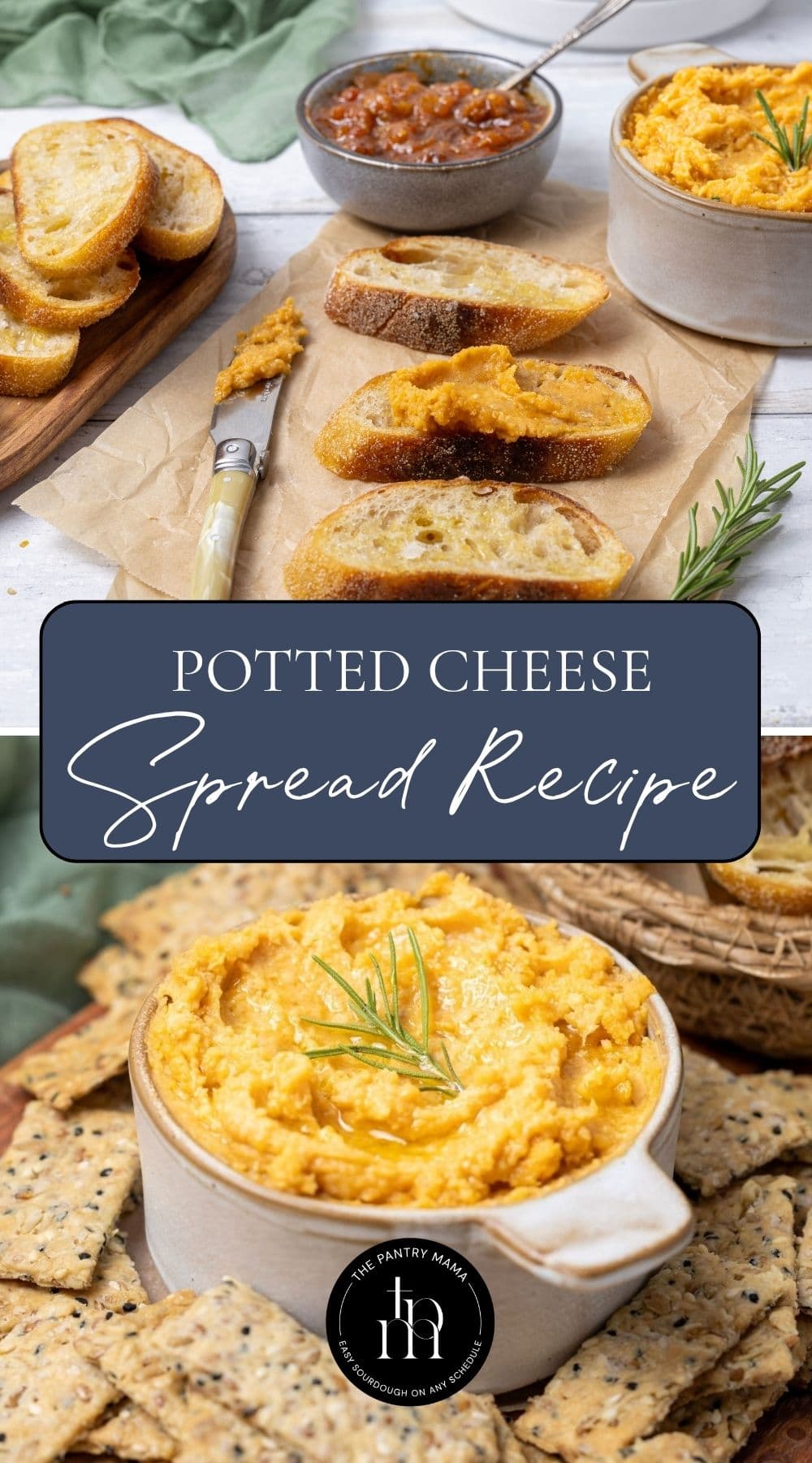 Two photos of potted cheese, including a close up in a bowl, and one with potted cheese spread on sourdough crostini and text overlay for a Pinterest Pin image.