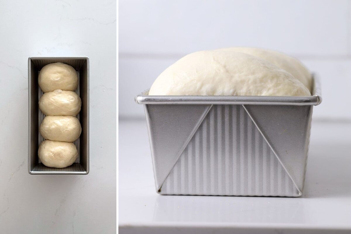 2 photos side by side showing how puffy the dough should be after the second rise or proof.