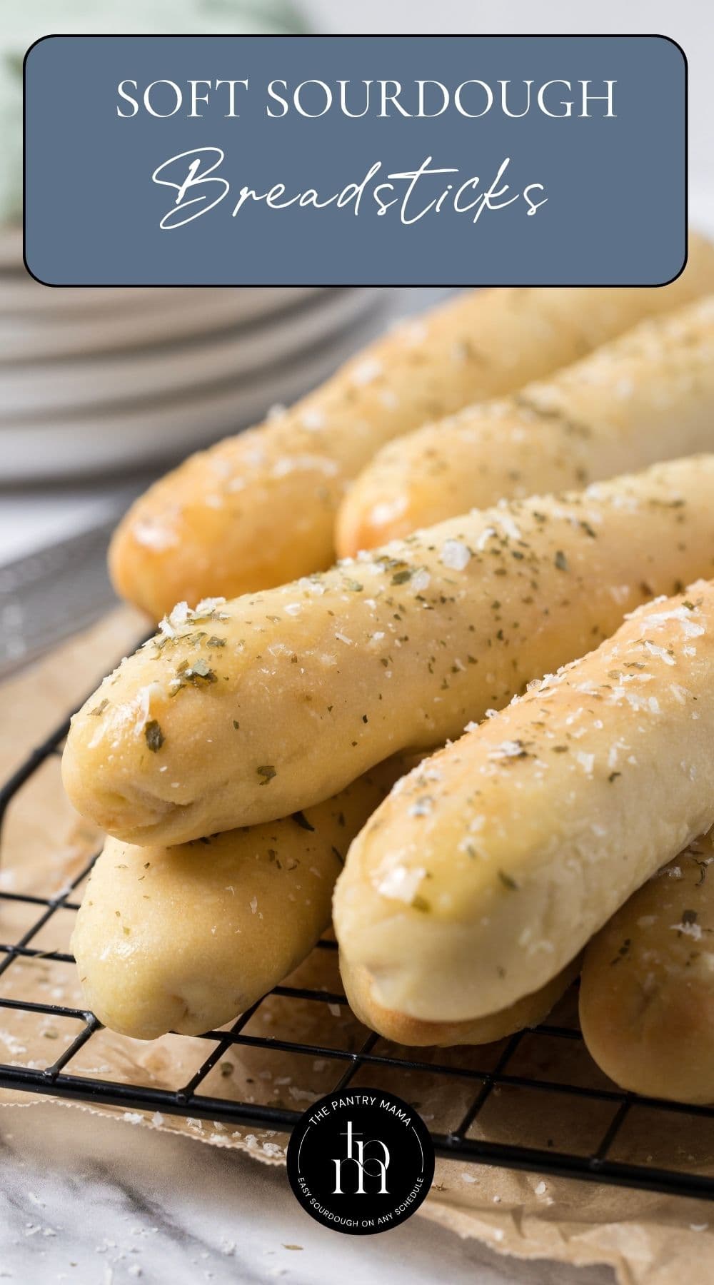 Soft sourdough breadsticks on a cooling rack with text overlay for a Pinterest Pin.