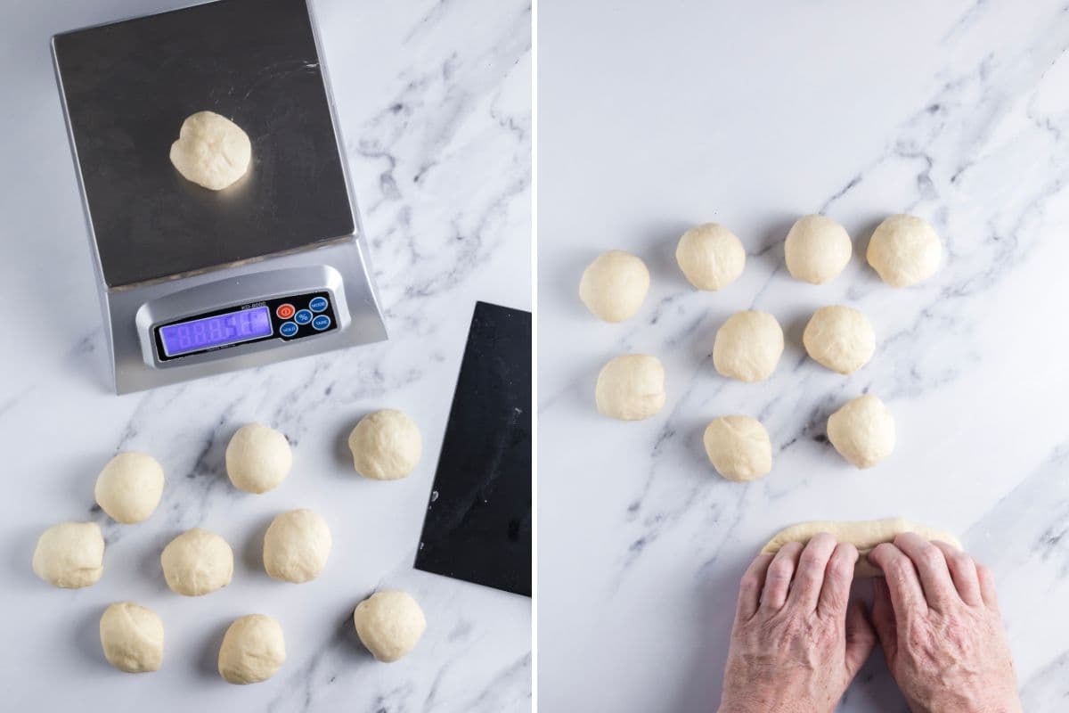 Portioning out the dough and weighing each ball to make soft sourdough breadsticks.