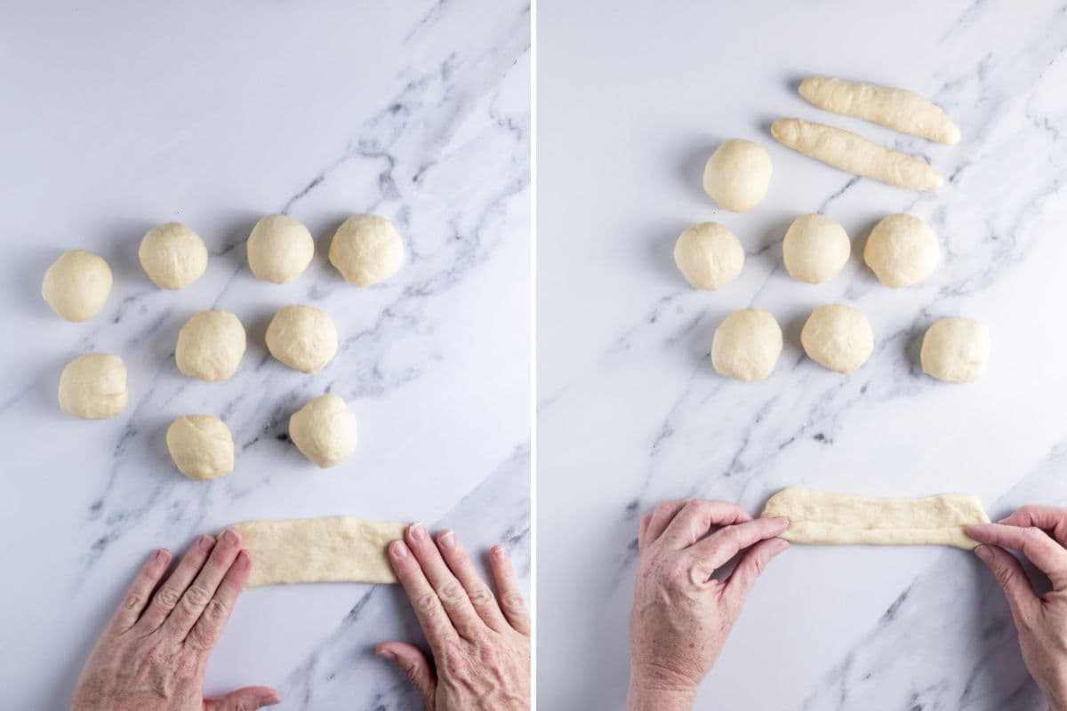 Rolling out dough into breadstick shapes to make soft sourdough breadsticks.