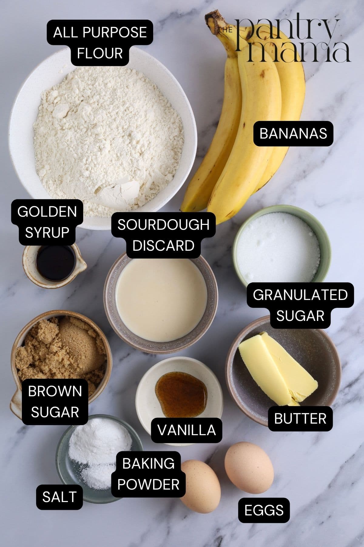 Labeled ingredients on counter to make sourdough discard banana bread.