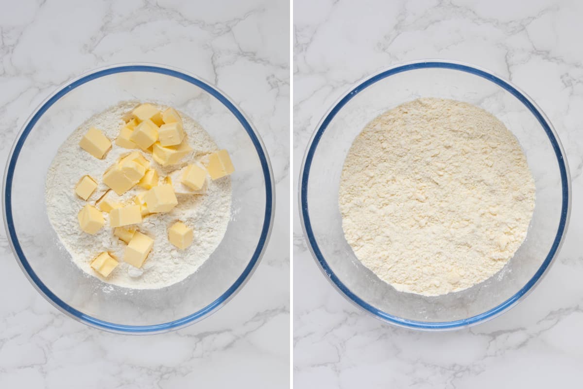 Two photos to show mixing butter and flour together to make chocolate chip sourdough scones.