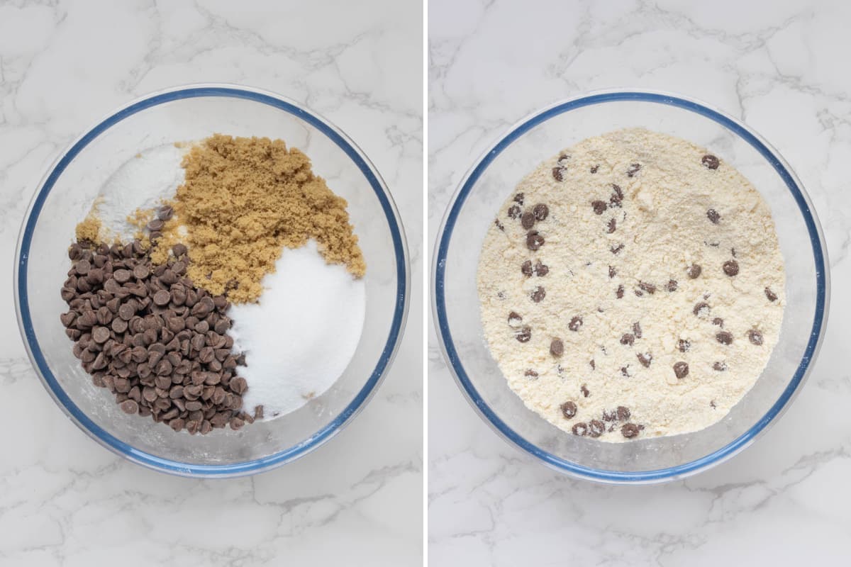 Dry ingredients for sourdough chocolate chip scones mixed together.