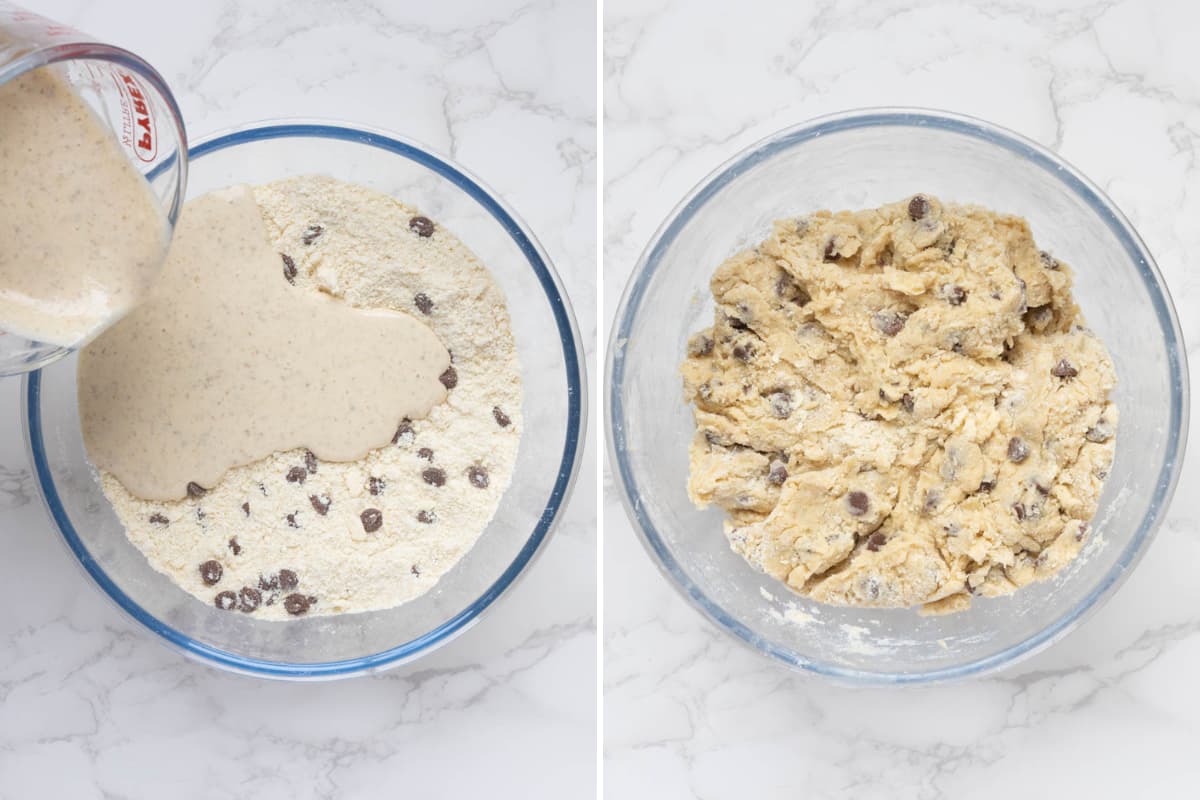 Pouring sourdough discard mixture into dry ingredients with chocolate chips to make sourdough chocolate chip scone dough, and creating a shaggy dough in a glass mixing bowl.