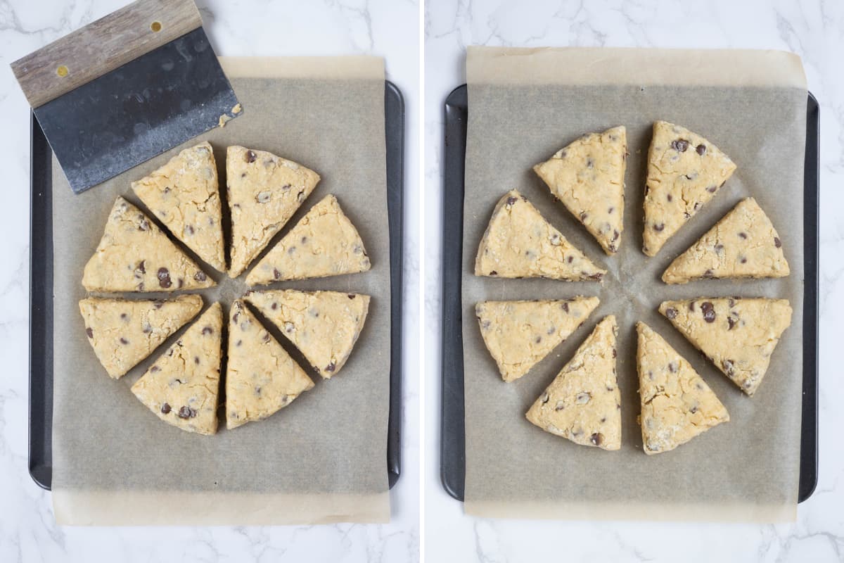 Sourdough chocolate chip scone dough cut into eight wedges on a parchment lined baking tray.