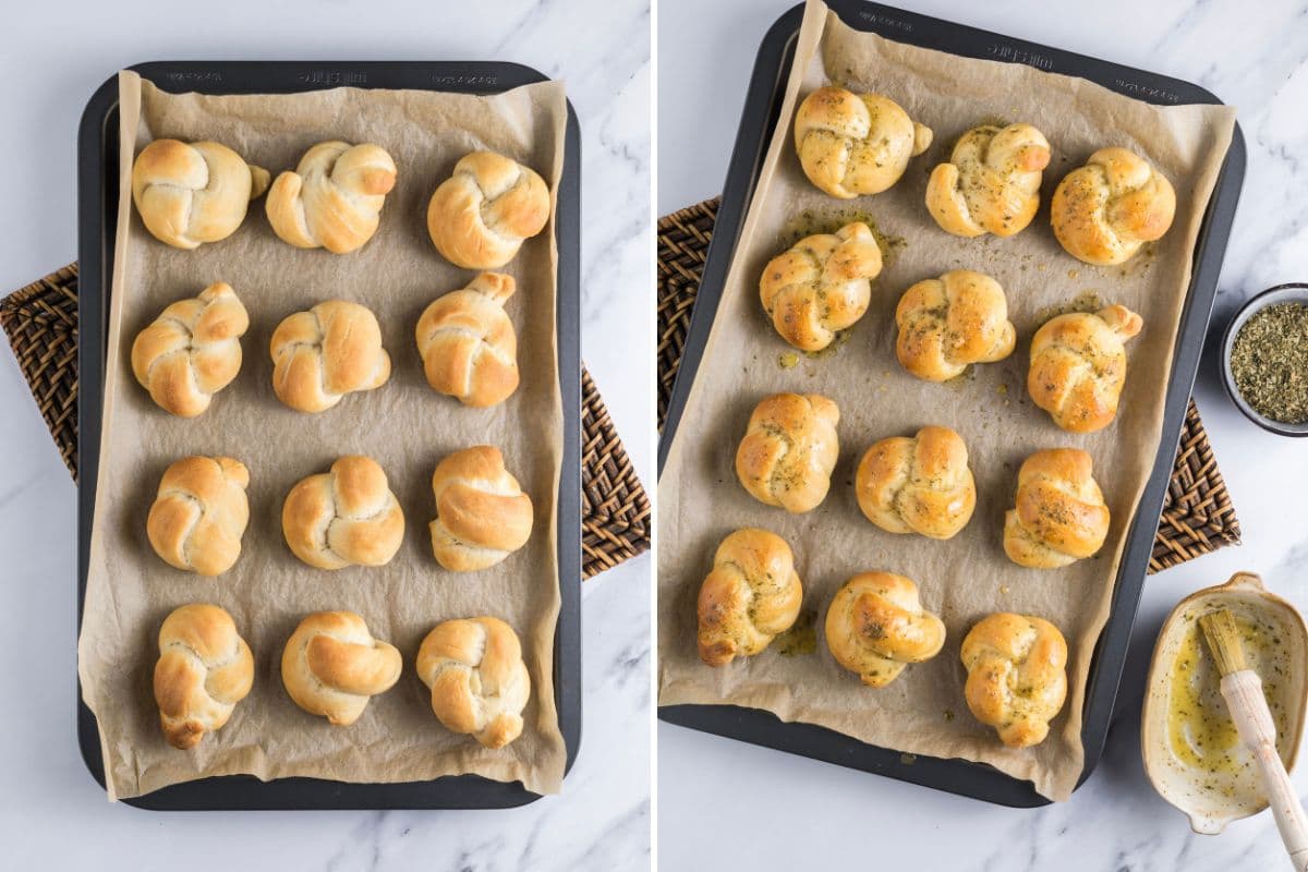 Two photos to show fresh baked sourdough discard garlic knots - one photo without topping and one photo to show knots brushed with melted butter and herbs.