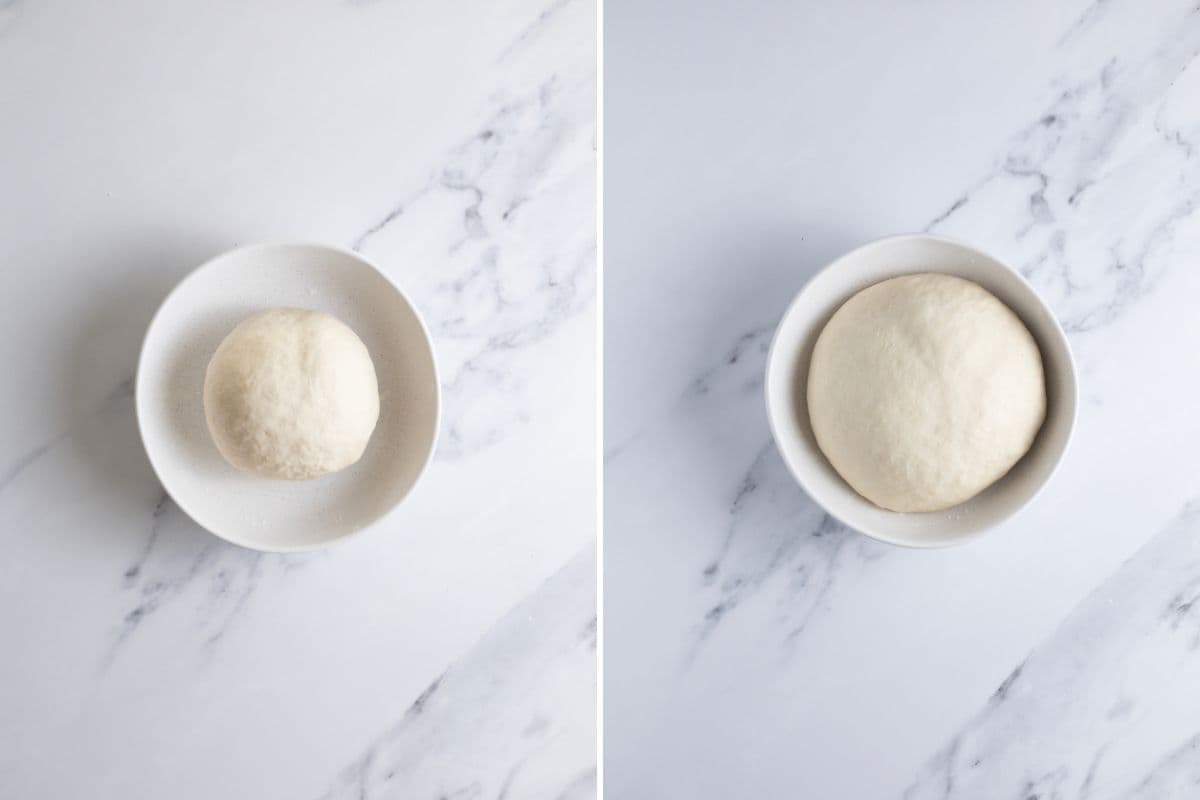Two photos to show sourdough discard garlic knot dough in a bowl before and after bulk fermenting.