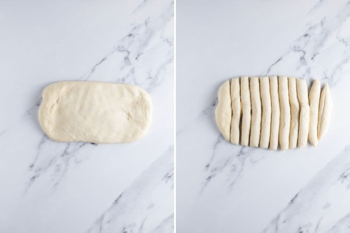 Two photos to show how to divide sourdough discard garlic knot dough into even pieces.