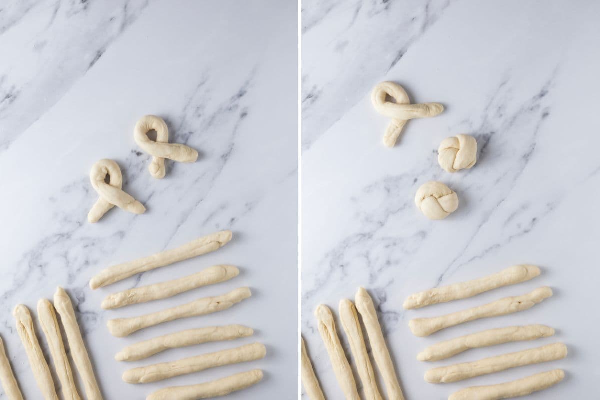 Two photos to show how to shape the sourdough discard garlic knot dough from ropes into knots.