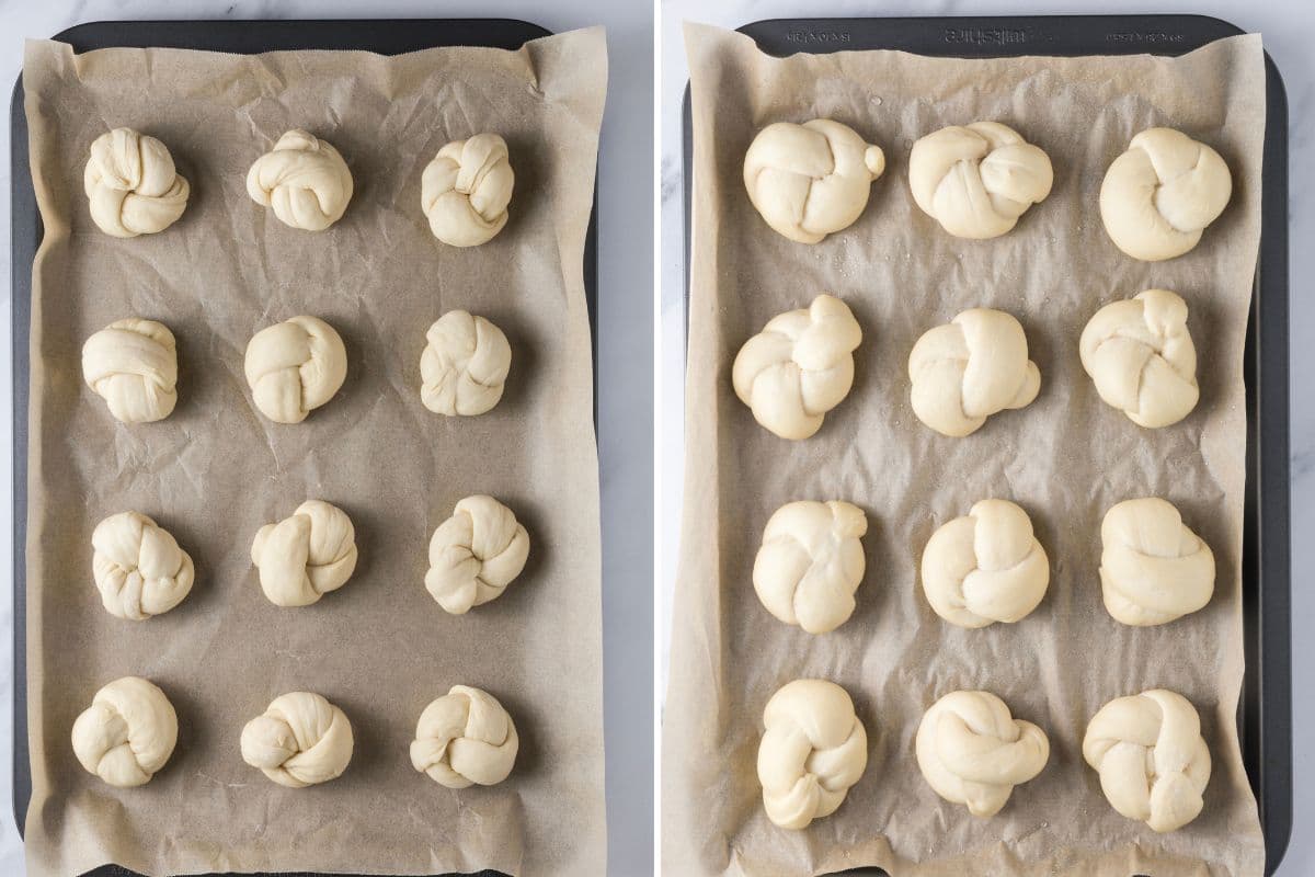 Two photos to show sourdough discard garlic knots dough on baking sheet before and after proofing.