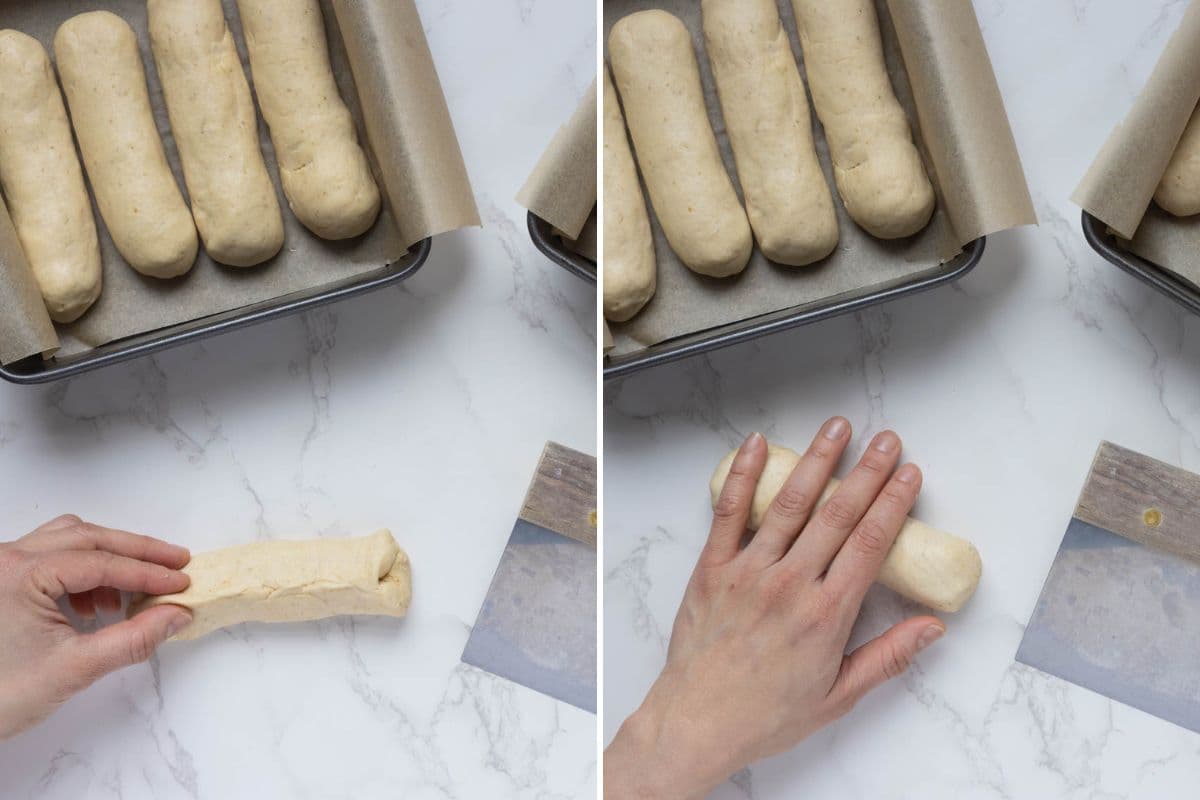 Two photos to show rolling and shaping the dough to make sourdough discard iced buns.